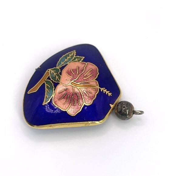 Cloisonne Enamel Pendant With Floral Design Dual Sided Deep Blue/Pink/Gold 1.5" - Picture 2 of 5